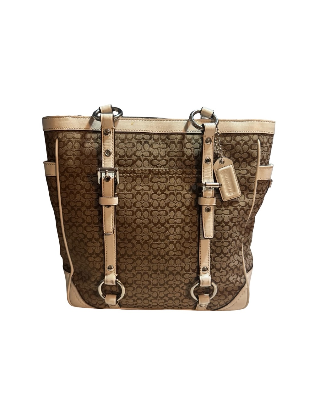 Coach Brown Signature Canvas Tote with Light Cream Leather Trim